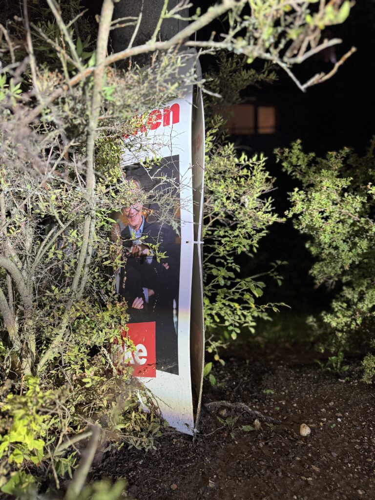 Ein Wahlplakat der Partei "Die Linke" hängt am Boden eines Laternenmasts in Erfurt.